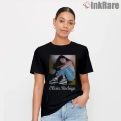 Olivia Rodrigo Moody Sitting Portrait Streetwear Shirt on black short sleeve shirt for women graphic tee