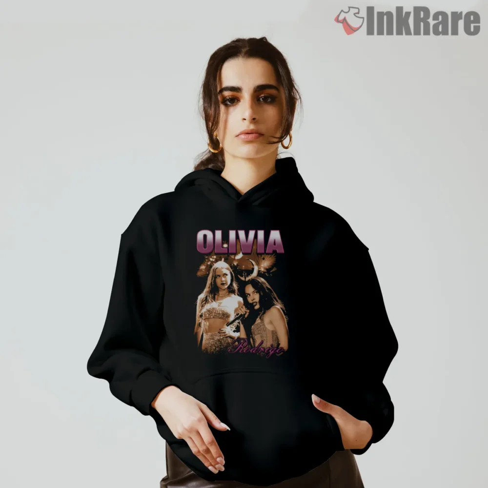 Olivia Rodrigo Neon Club Night Poster Graphic Shirt on black hoodie for women graphic tee