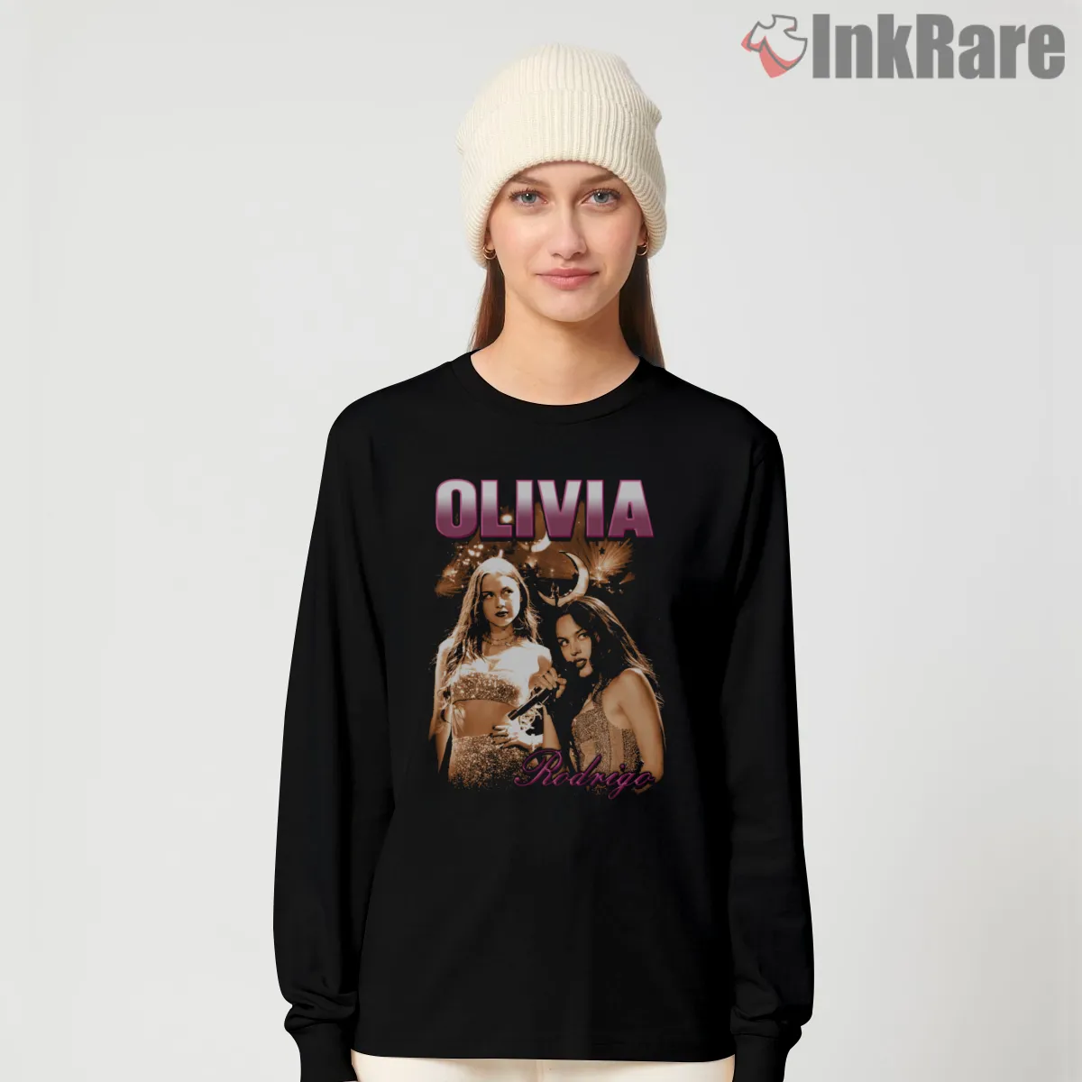 Olivia Rodrigo Neon Club Night Poster Graphic Shirt on black long sleeve shirt for women graphic tee
