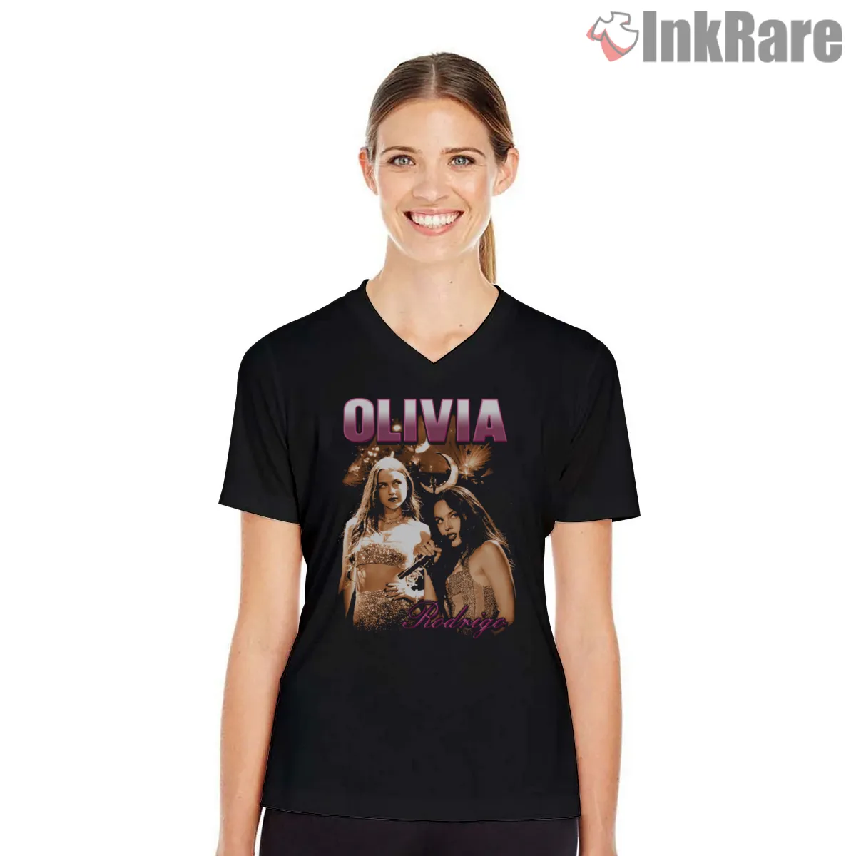 Olivia Rodrigo Neon Club Night Poster Graphic V Neck Black Olivia Rodrigo Neon Club Night Poster Graphic Shirt on black v-neck shirt for women graphic tee