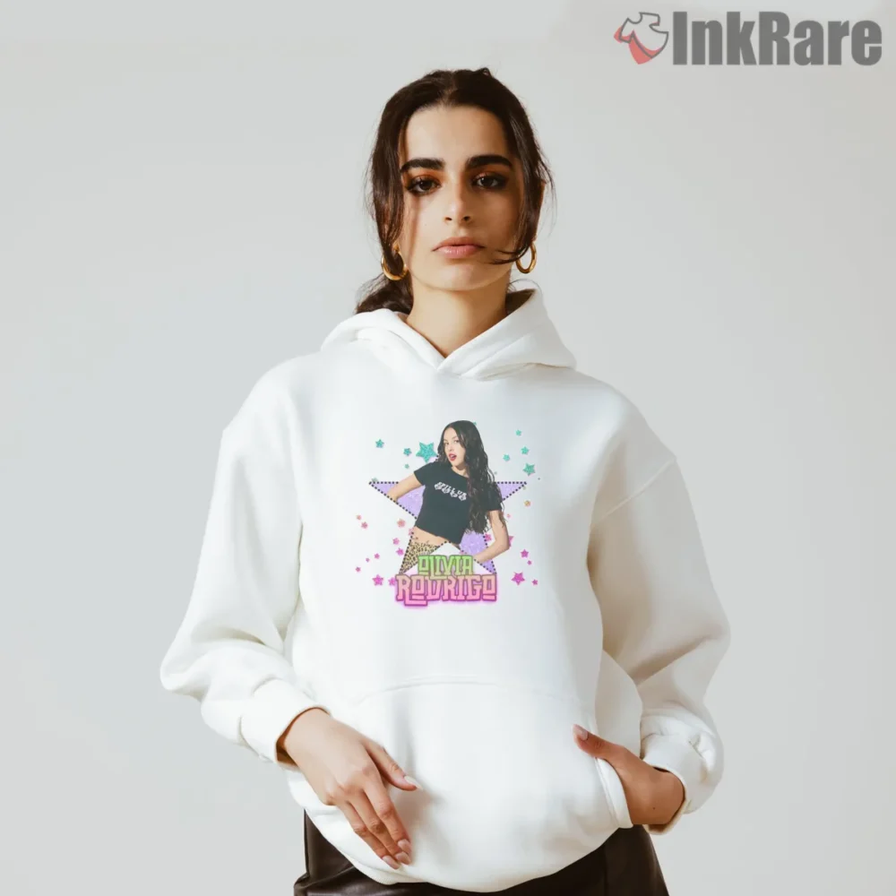 Olivia Rodrigo Neon Shining Star Stage Pose Shirt on white hoodie for women graphic tee