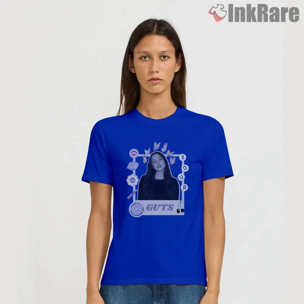 Olivia Rodrigo Polaroid Scrapbook Guts Era Shirt on royal blue short sleeve shirt for women graphic tee