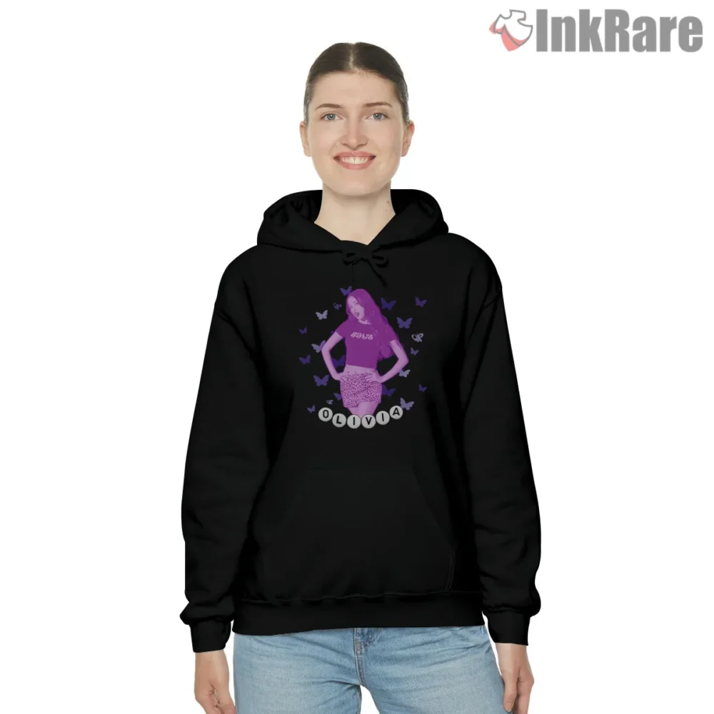 Olivia Rodrigo Purple Butterfly Era Aesthetic Shirt on black hoodie for women graphic tee