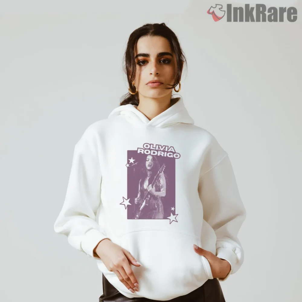 Olivia Rodrigo Purple Guitar Concert Poster Art Shirt on white hoodie for women graphic tee