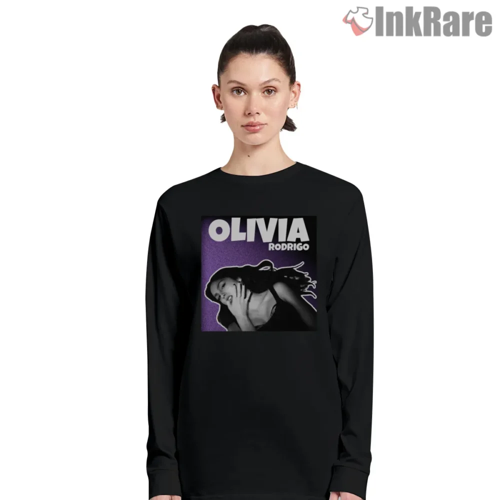 Olivia Rodrigo Purple Night Dramatic Pose Shirt on black long sleeve shirt for women graphic tee
