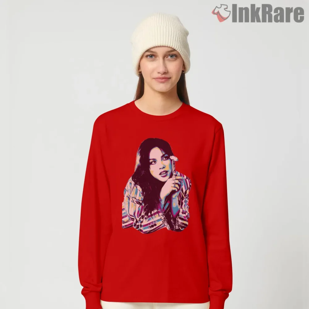 Olivia Rodrigo Red And Blue Pop Art Portrait Shirt on red long sleeve shirt for women graphic tee