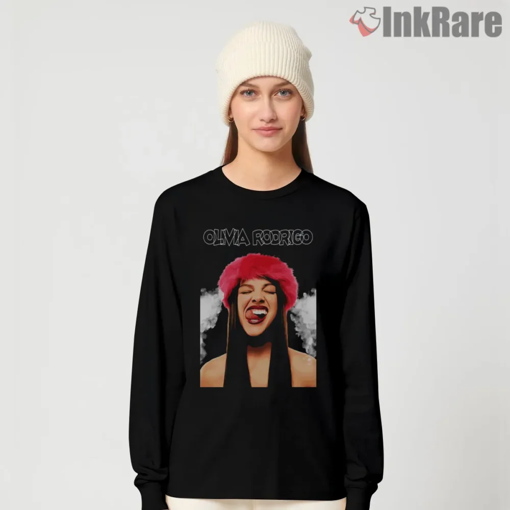 Olivia Rodrigo Red Beret Big Smile Close Up Shirt on black long sleeve shirt for women graphic tee
