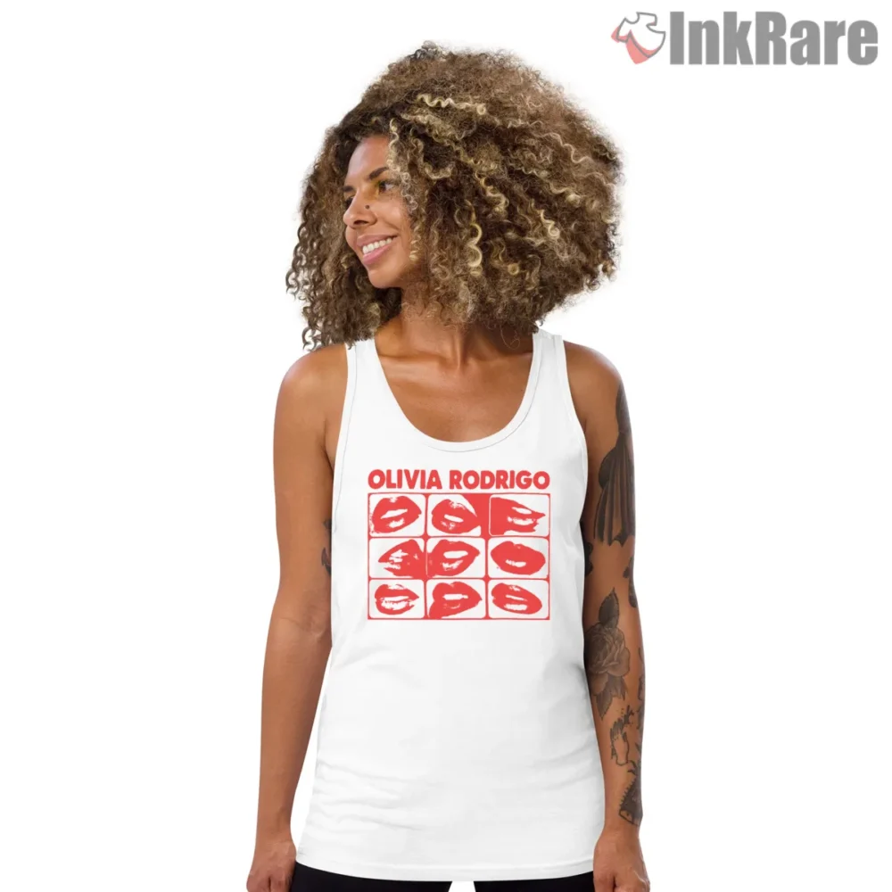 Olivia Rodrigo Red Lips Grid Pop Album Art Shirt on white tank top for women graphic tee