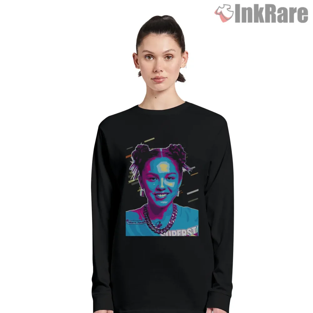Olivia Rodrigo Retro 80s Neon Portrait Graphic Shirt on black long sleeve shirt for women graphic tee