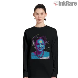 Olivia Rodrigo Retro 80s Neon Portrait Graphic Shirt on black long sleeve shirt for women graphic tee