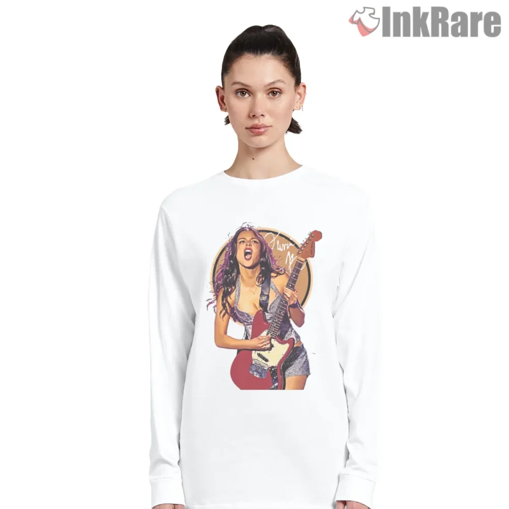 Olivia Rodrigo Retro Concert Guitar Heroine Stage Shirt on white long sleeve shirt for women graphic tee