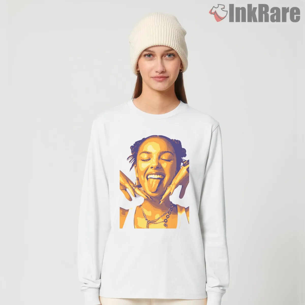 Olivia Rodrigo Retro Pop Art Singer Portrait Shirt on white long sleeve shirt for women graphic tee