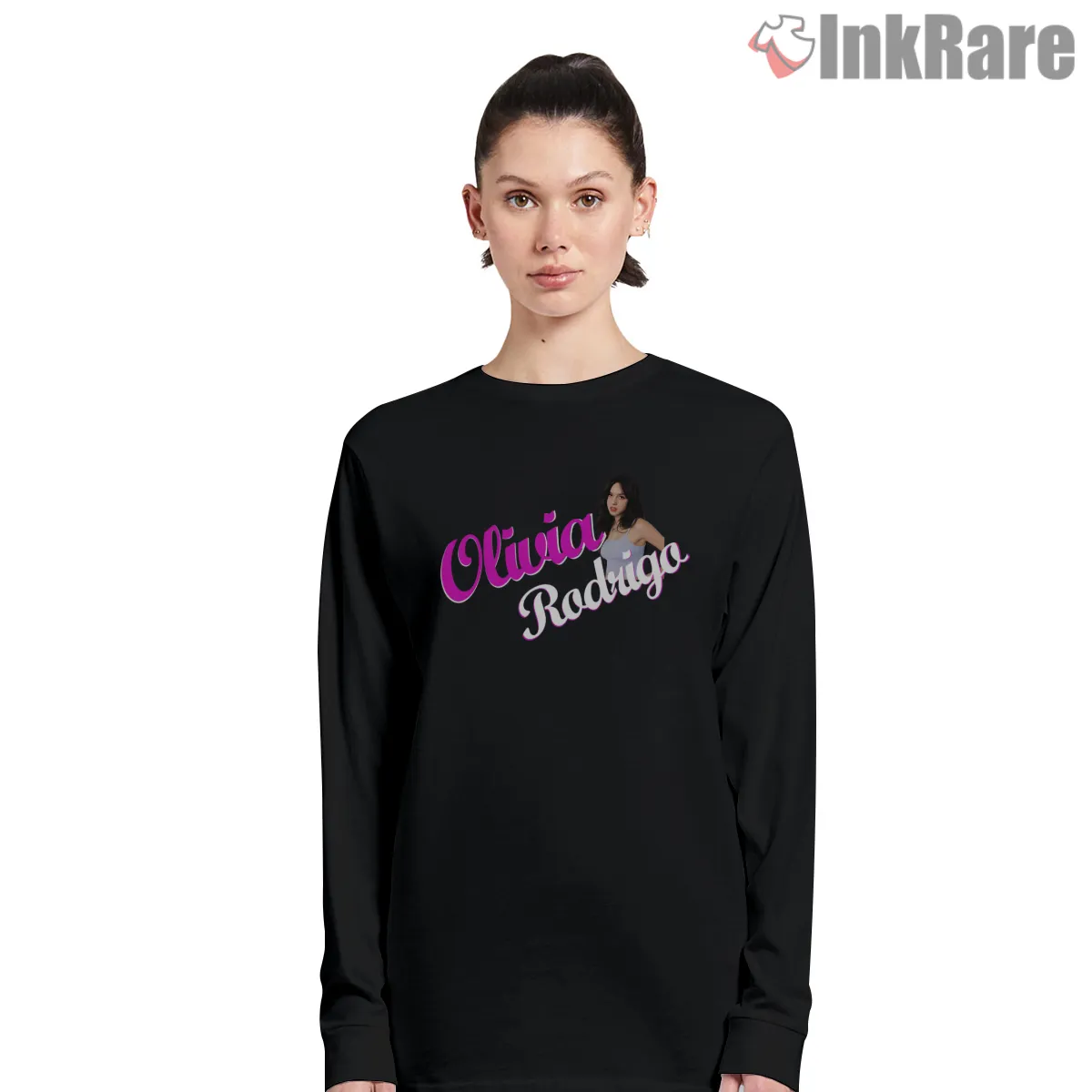 Olivia Rodrigo Retro Script Logo Name Graphic Shirt on black long sleeve shirt for women graphic tee