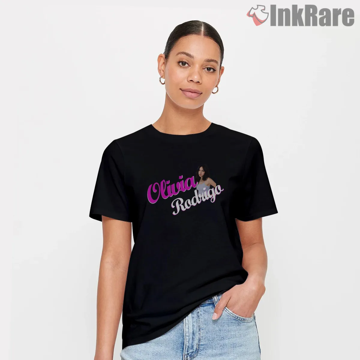 Olivia Rodrigo Retro Script Logo Name Graphic Short Sleeve Black Olivia Rodrigo Retro Script Logo Name Graphic Shirt on black short sleeve shirt for women graphic tee