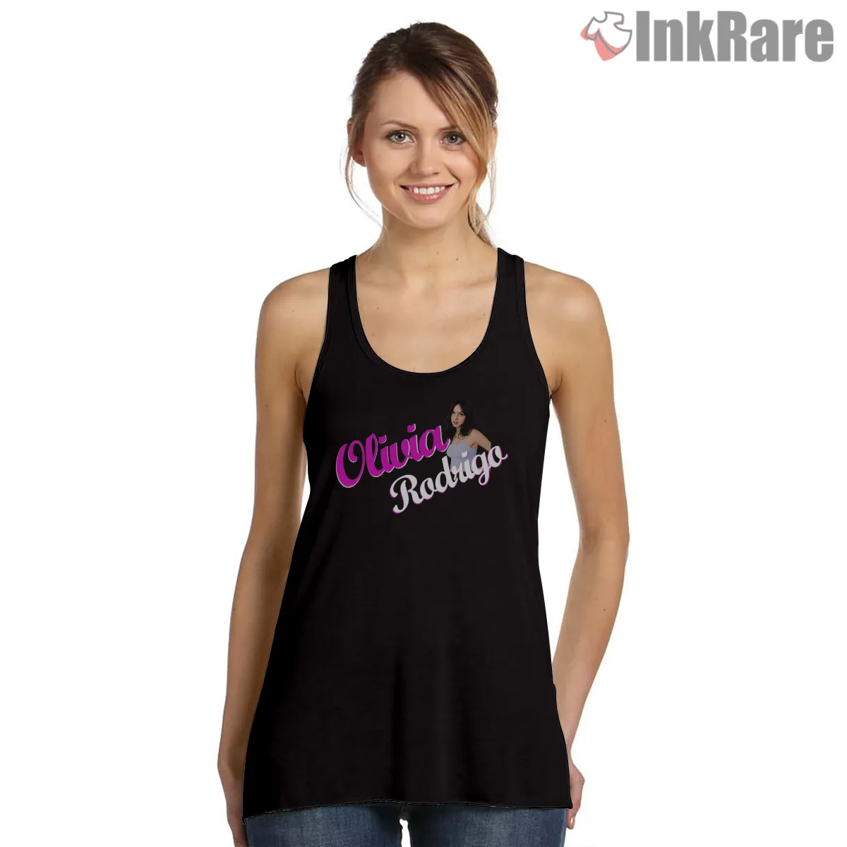 Olivia Rodrigo Retro Script Logo Name Graphic Tank Top Black Olivia Rodrigo Retro Script Logo Name Graphic Shirt on black tank top for women graphic tee