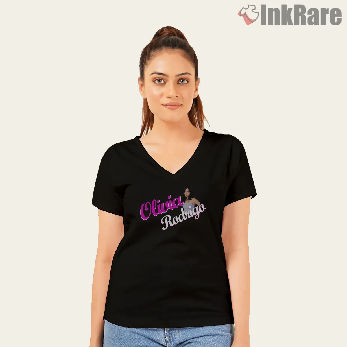 Olivia Rodrigo Retro Script Logo Name Graphic V Neck Black Olivia Rodrigo Retro Script Logo Name Graphic Shirt on black v-neck shirt for women graphic tee