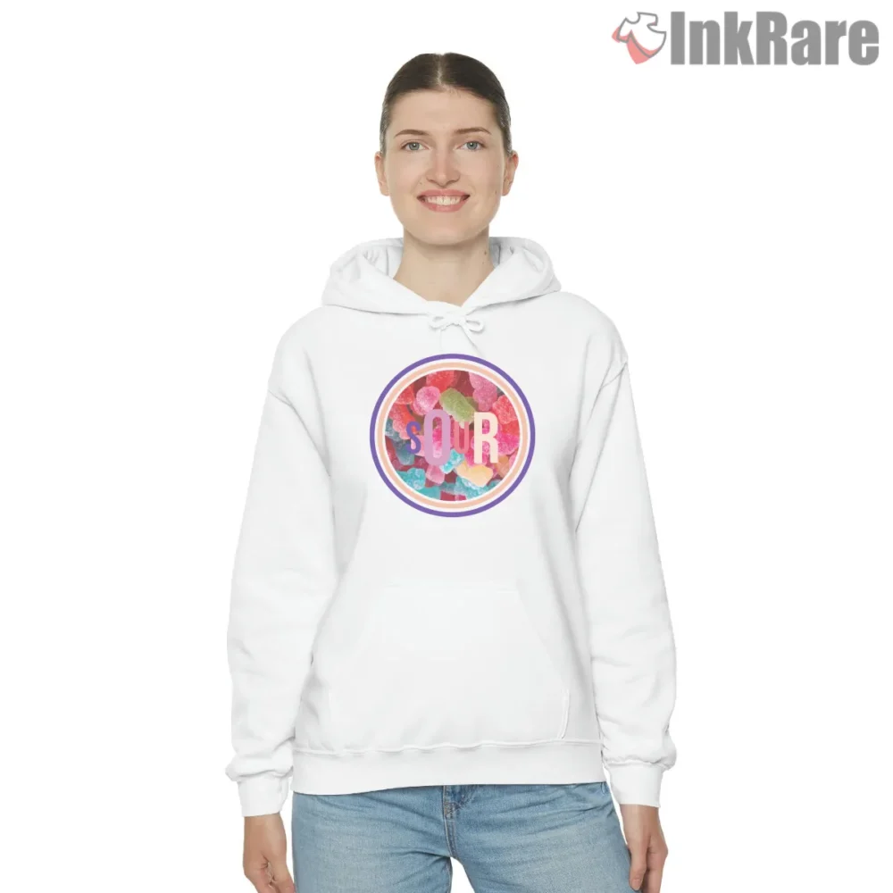 Olivia Rodrigo Sour Candy Album Circle Logo Shirt on white hoodie for women graphic tee