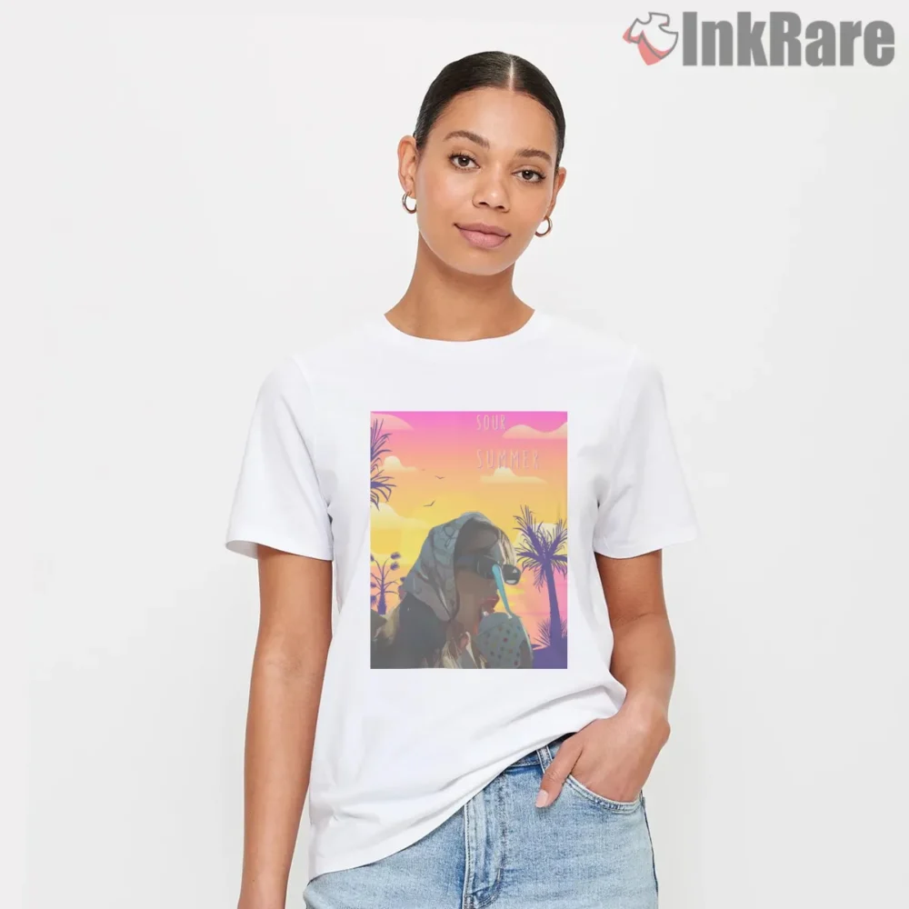 Olivia Rodrigo Sour Summer Cartoon Beach Scene Shirt on white short sleeve shirt for women graphic tee