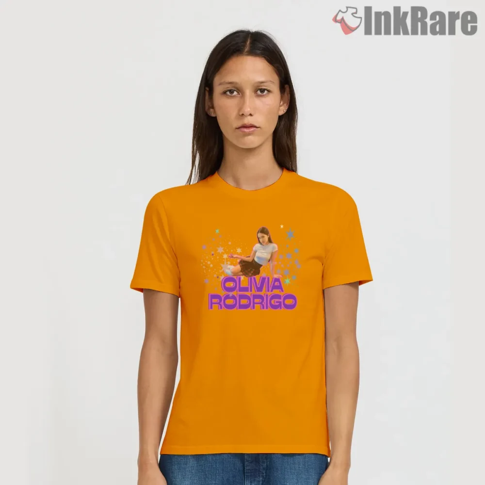 Olivia Rodrigo Sparkling Text Yellow Stars Aesthetic Shirt on orange short sleeve shirt for women graphic tee