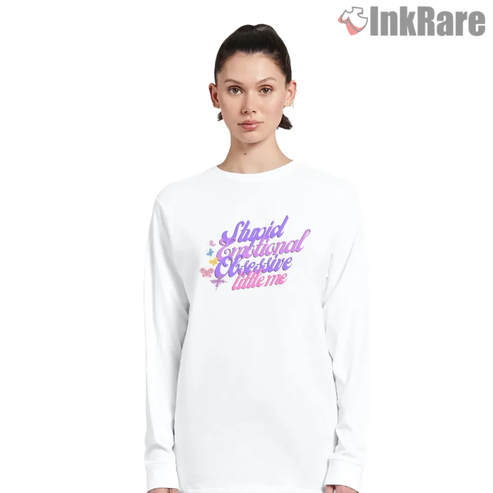 Olivia Rodrigo Stupid Emotional Obsessive Little Me Lyric Shirt on white long sleeve shirt for women graphic tee