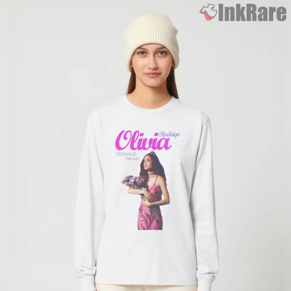 Olivia Rodrigo Teenage Dream Bouquet Dress Shirt on white long sleeve shirt for women graphic tee