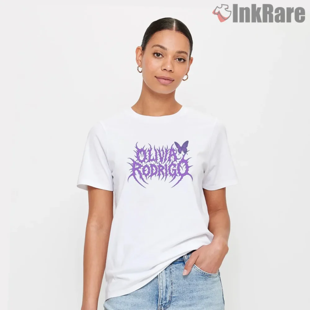Olivia Rodrigo Tough And Cute Butterfly Logo Shirt on white short sleeve shirt for women graphic tee