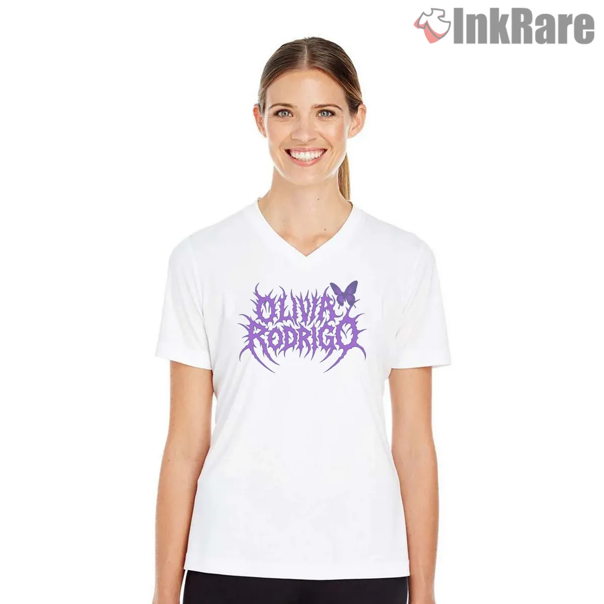 Olivia Rodrigo Tough And Cute Butterfly Logo V Neck White Olivia Rodrigo Tough And Cute Butterfly Logo Shirt on white v-neck shirt for women graphic tee