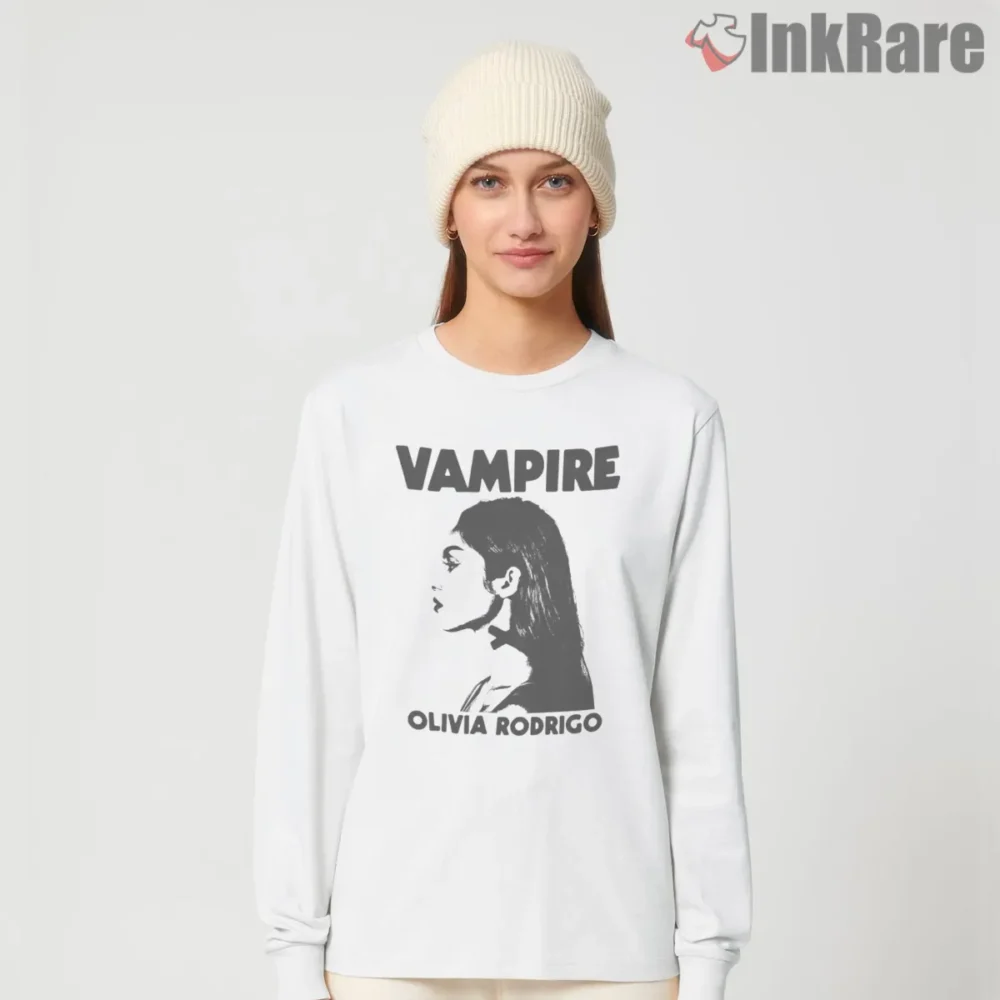 Olivia Rodrigo Vampire Single Monochrome Poster Shirt on white long sleeve shirt for women graphic tee