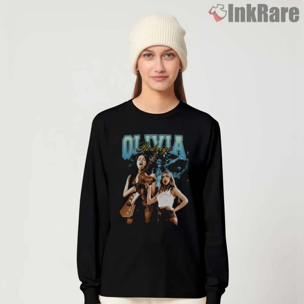 Olivia Rodrigo Vintage Guitar Performance Poster Shirt on black long sleeve shirt for women graphic tee