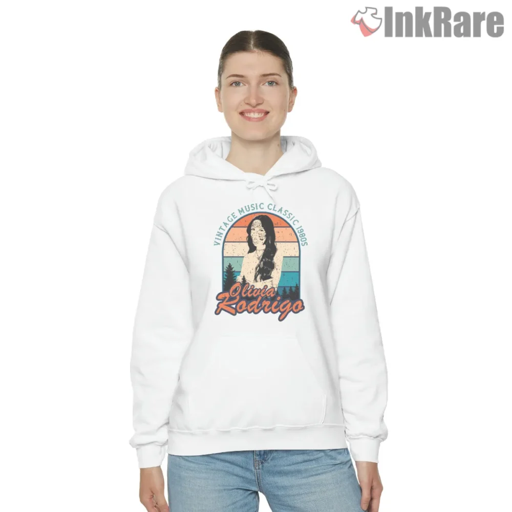 Olivia Rodrigo Vintage Music Classic Sunset Circle Shirt on white hoodie for women graphic tee