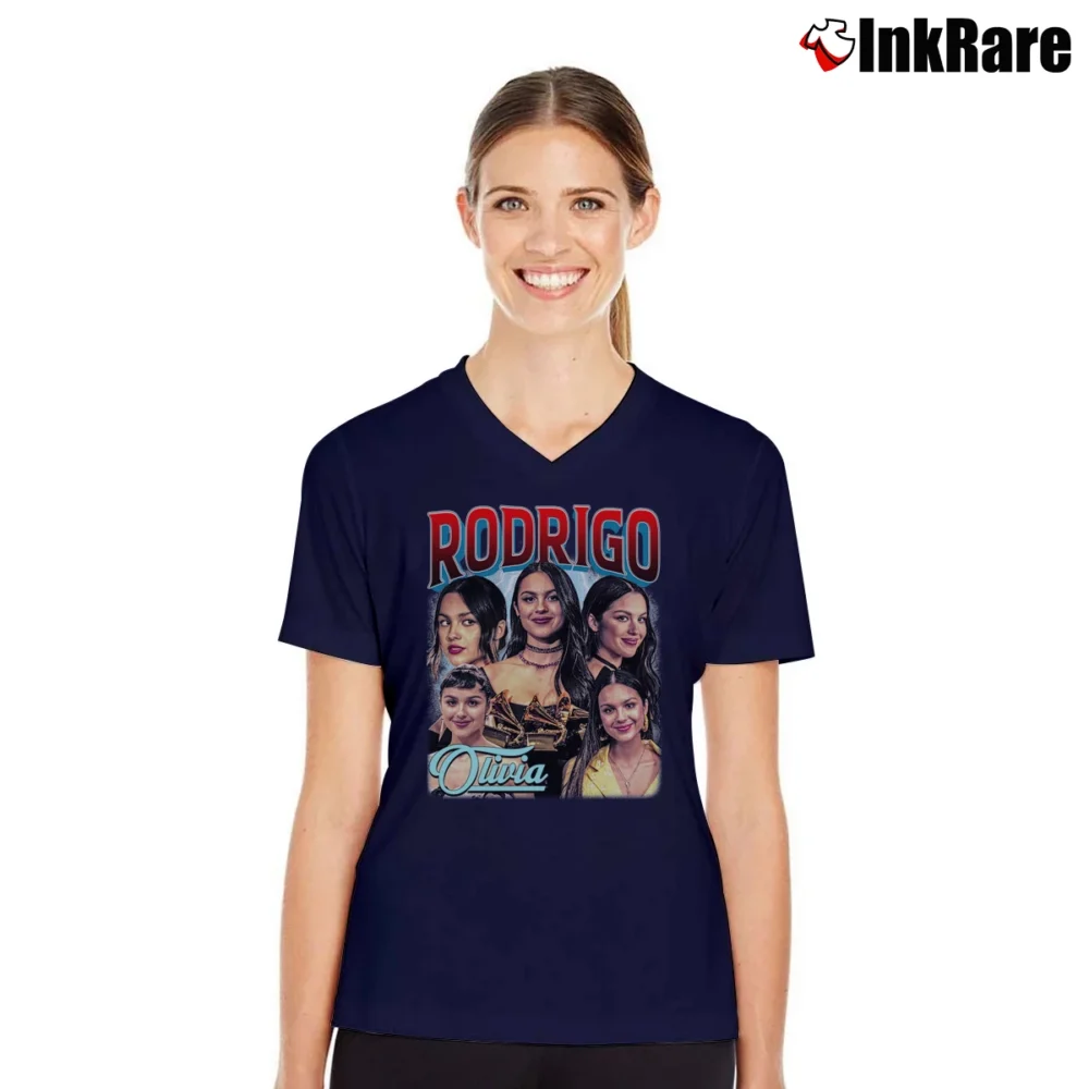 Women’s olivia rodrigo vintage style retro pop music V-Neck Tee in navy | Chic Neckline, Soft Texture