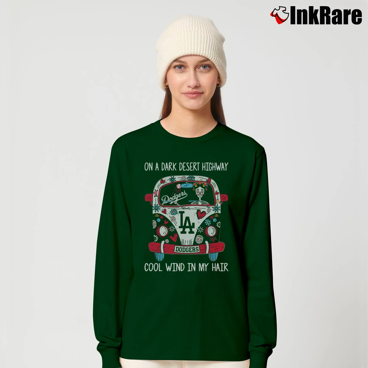 Women’s On A Dark Desert Highway Cool Wind In My Hair Dodgers Long-Sleeve Top in forest green | Sleek, Versatile, All-Season