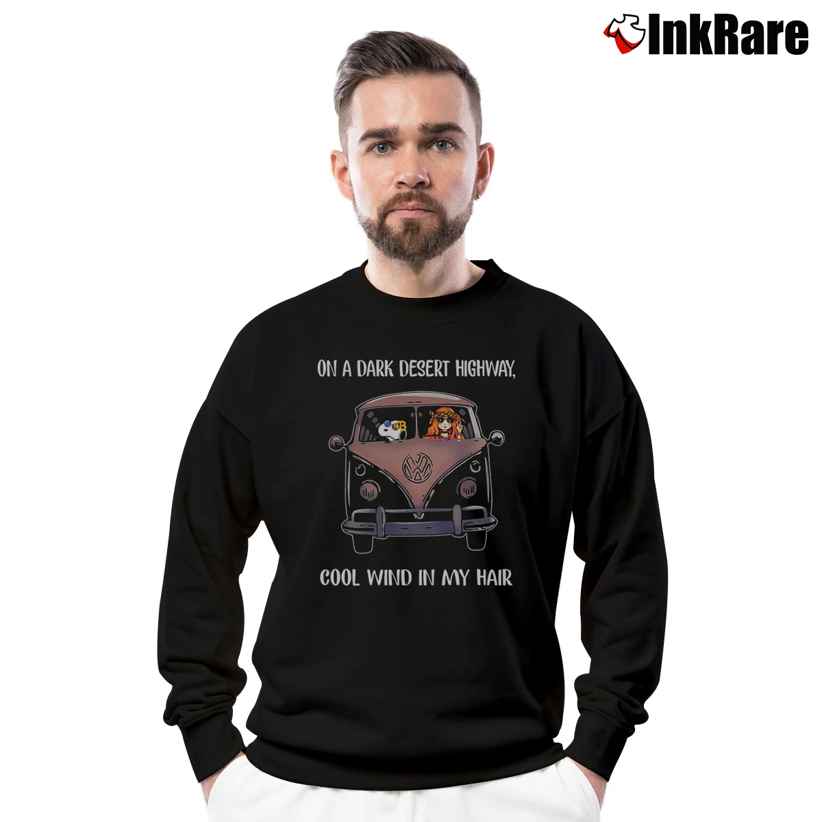 Men’s On A Dark Desert Highway Cool Wind In My Hair Snoopy Crewneck Sweatshirt in black | Cozy Fabric, Clean Style