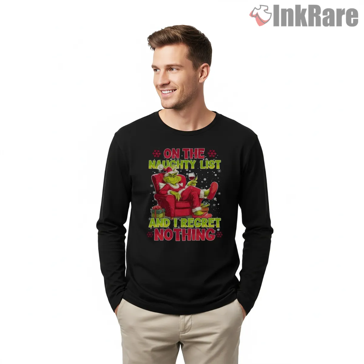 On The Naughty List No Regrets Retro Grinch Chair Shirt on black long sleeve shirt for men graphic tee