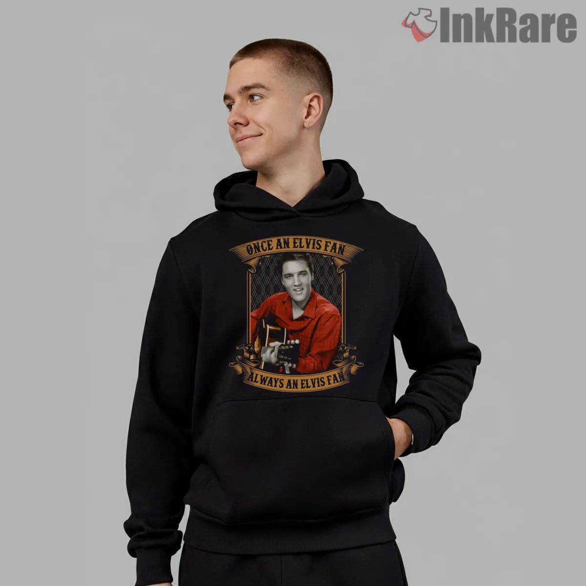 Once An Elvis Fan Portrait Frame Shirt on black hoodie for men graphic tee