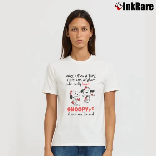 Once Upon A Time There Was A Woman Who Really Loved Snoopy It Was Me The End Women’s Tee in white – Effortless Style Women’s Once Upon A Time There Was A Woman Who Really Loved Snoopy It Was Me The End T-Shirt in white | Soft, Flattering Fit