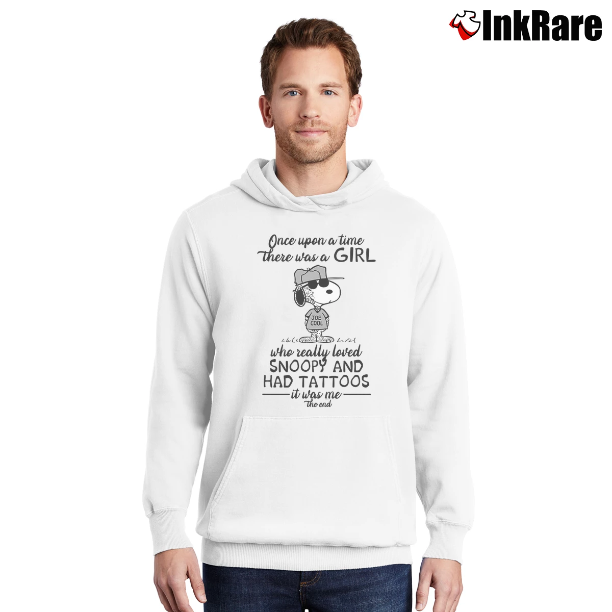 Men’s Once Upon There Was A Girl Joe Cool Who Really Loved Snoopy And Tattoos Pullover Hoodie in white | Cozy, Durable, Modern Fit