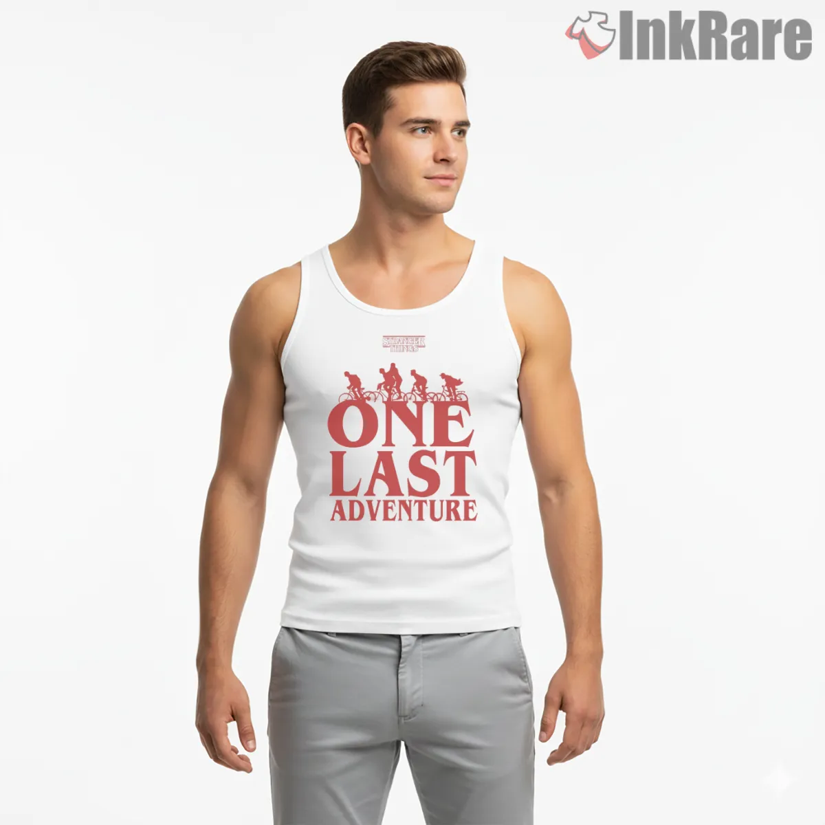 One Last Adventure Hawkins Bike Journey Shirt on white tank top for men graphic tee