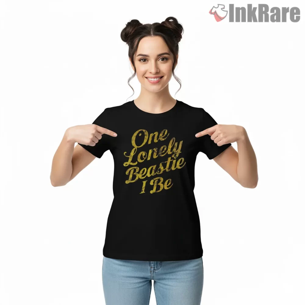 One Lonely Beastie Gold Script Shirt on black short sleeve shirt for women graphic tee