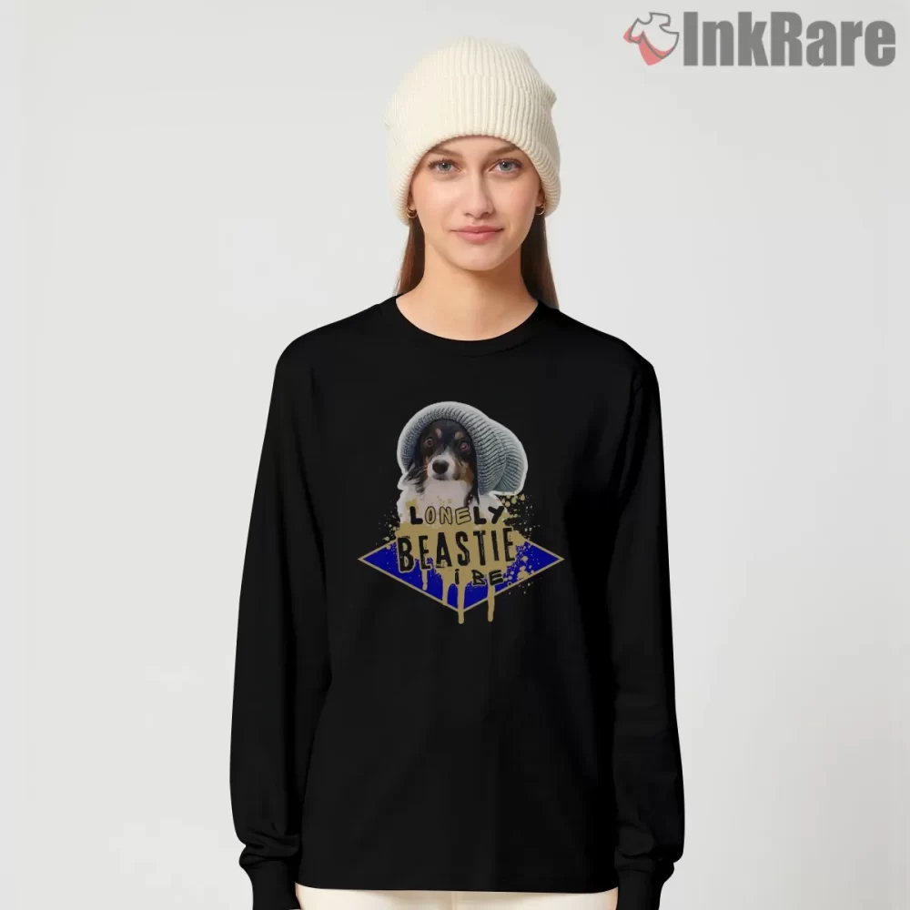 One Lonely Beastie I Be Cozy Pup Shirt on black long sleeve shirt for women graphic tee
