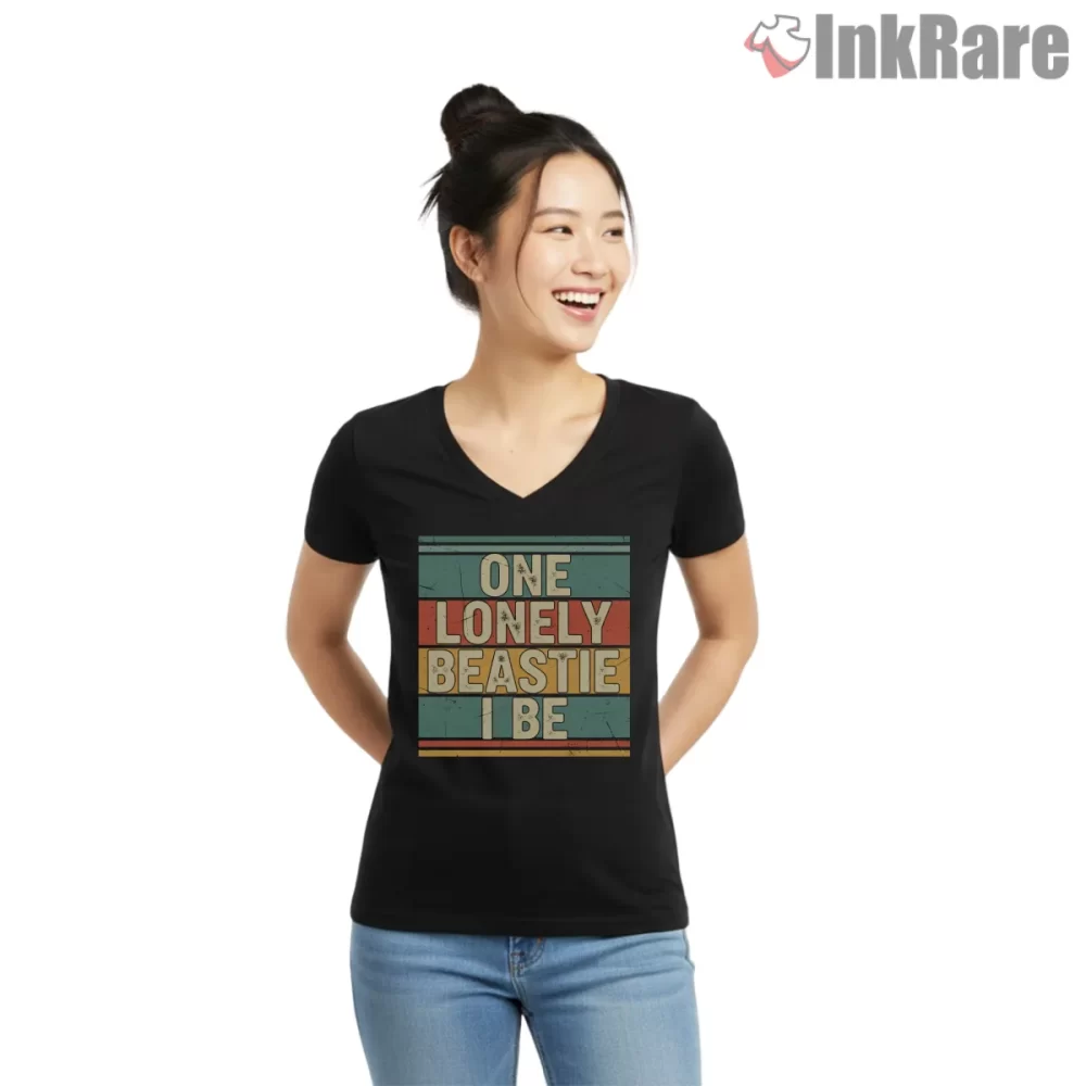 One Lonely Beastie I Be Pastel Stripes Shirt on black v-neck shirt for women graphic tee