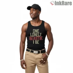 One Lonely Beastie I Be Red Block Letter Shirt on black tank top for men graphic tee