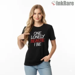 One Lonely Beastie I Be Red Brush Lettering Shirt on black short sleeve shirt for women graphic tee