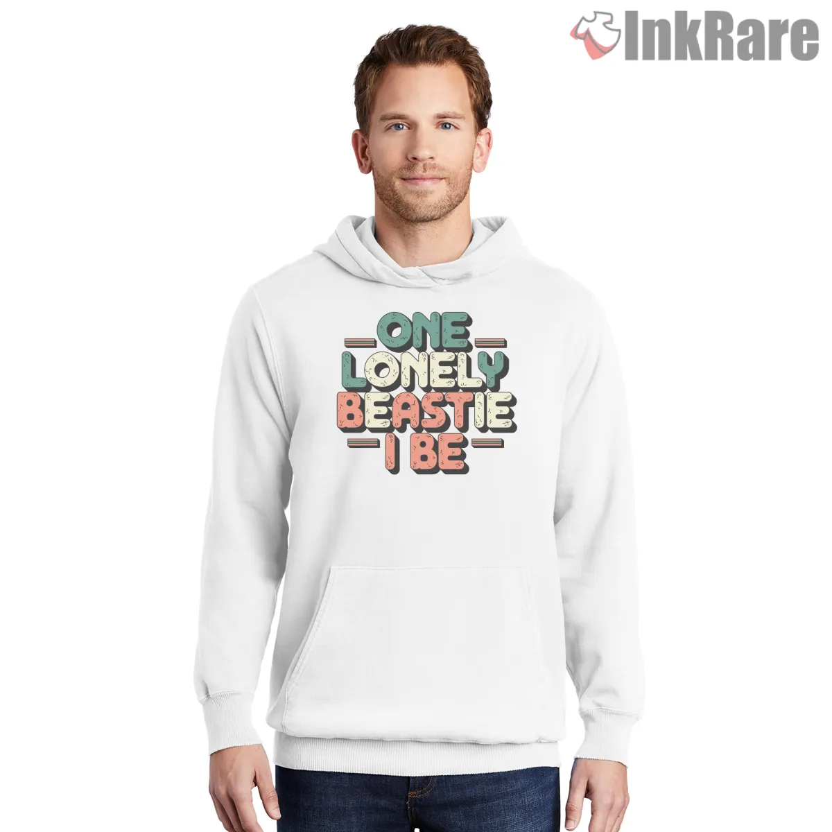 One Lonely Beastie I Be Retro Bubble Letter Shirt on white hoodie for men graphic tee