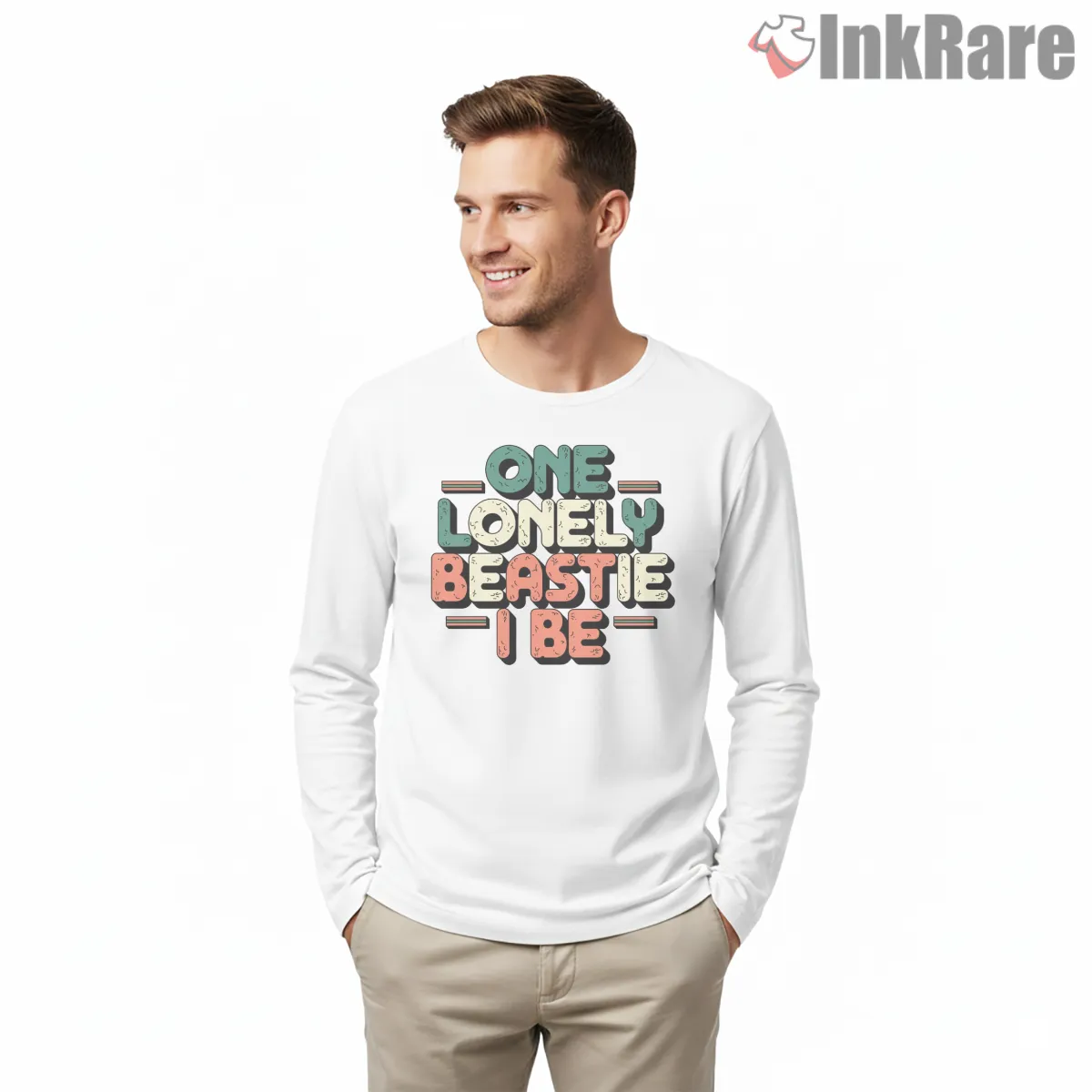 One Lonely Beastie I Be Retro Bubble Letter Long Sleeve White One Lonely Beastie I Be Retro Bubble Letter Shirt on white long sleeve shirt for men graphic tee
