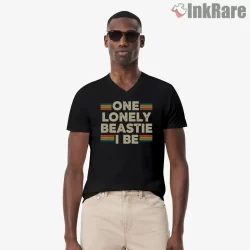 One Lonely Beastie I Be Retro Stripe Shirt on black v-neck shirt for men graphic tee