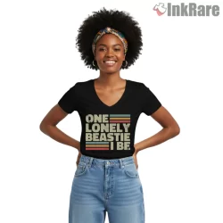 One Lonely Beastie I Be Retro Sunset Stripes Shirt on black v-neck shirt for women graphic tee
