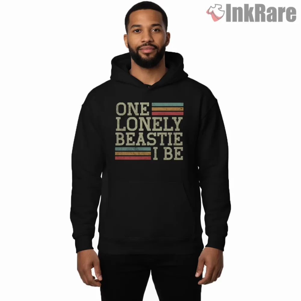 One Lonely Beastie I Be Vintage Block Text Shirt on black hoodie for men graphic tee