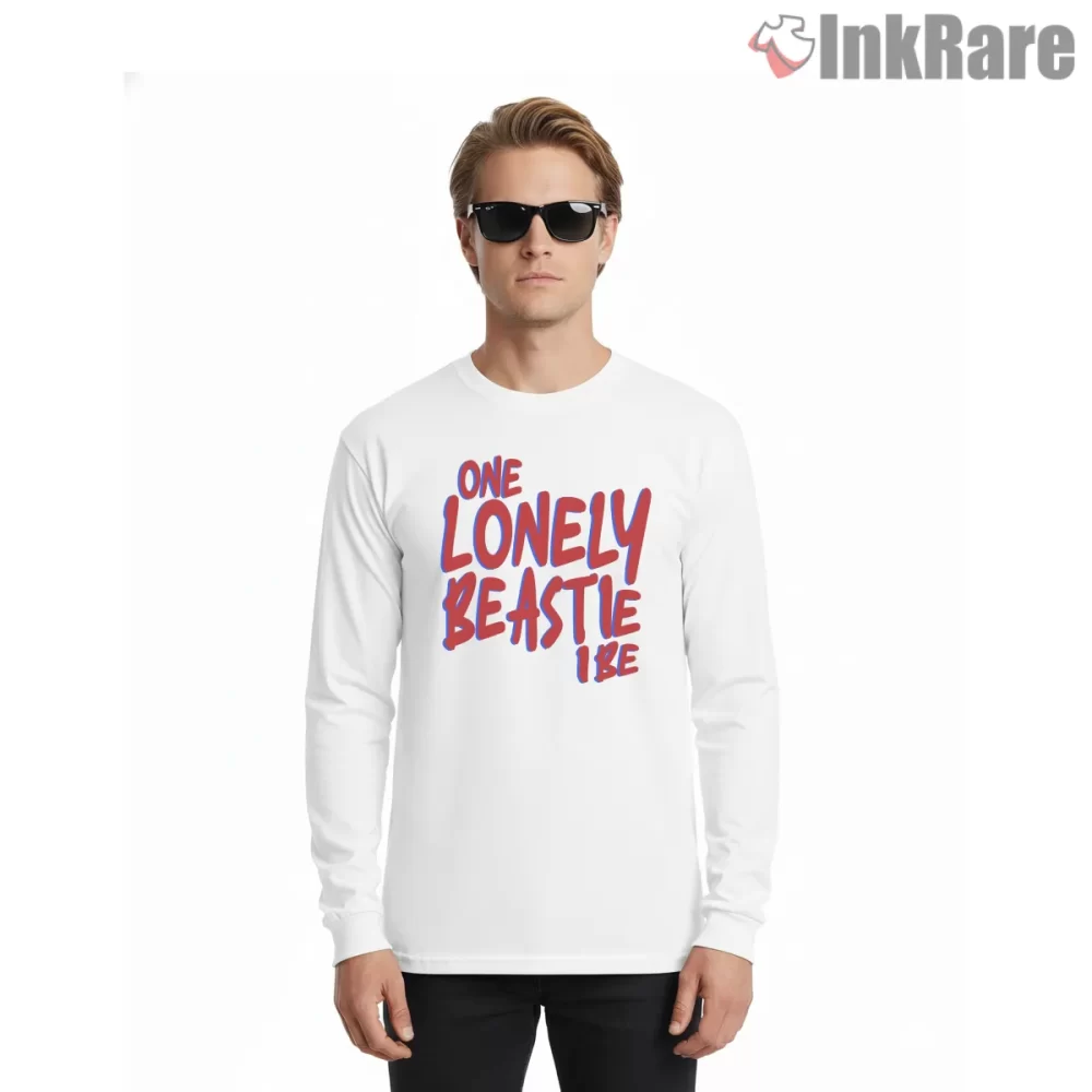 One Lonely Beastie Red Script Statement Shirt on white long sleeve shirt for men graphic tee