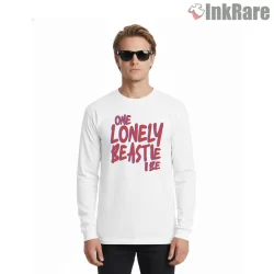 One Lonely Beastie Red Script Statement Shirt on white long sleeve shirt for men graphic tee